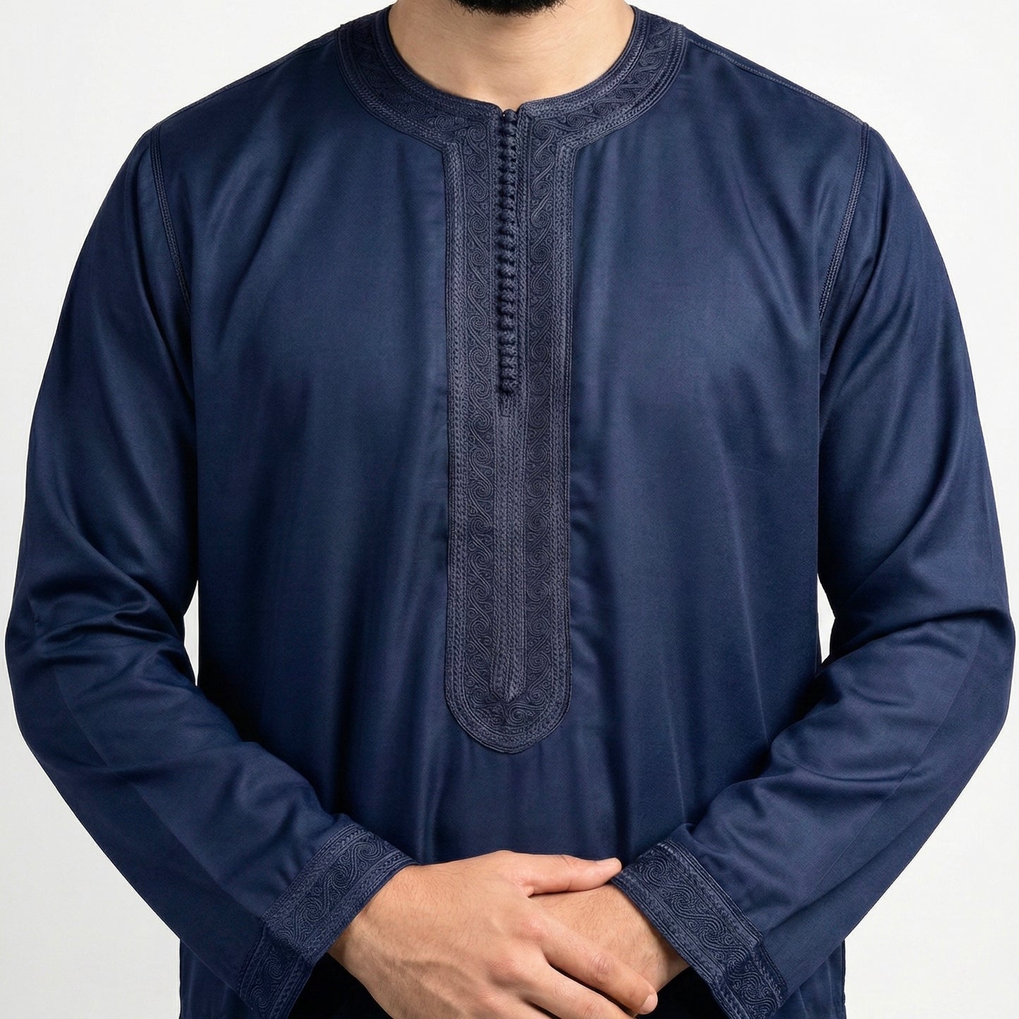 navy blue men's Moroccan kaftan with long sleeves and navy blue embroidery on chest and wrists