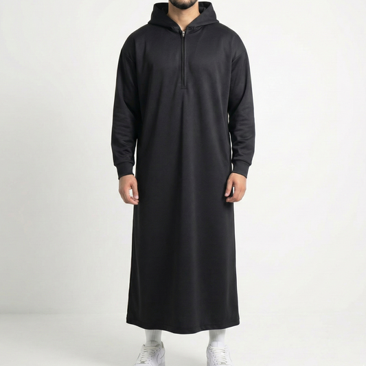 Black Signature Hooded Thobe styled for UK Muslim men showing versatile modest wear design