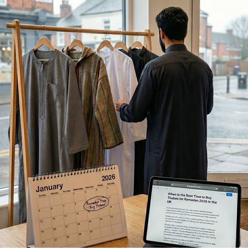 A man standing in a shop looking through a row of thobes and djellabas, with a January 2026 calendar marked for Ramadan preparation beside him on a table and a laptop open with a guide on when to buy thobes in the UK.