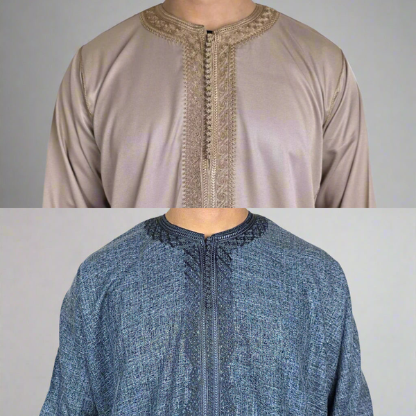Mens Moroccan kaftan in walnut brown shown above a pebble blue cotton zip Moroccan gandoura, highlighting long sleeve and short sleeve  thobe styles