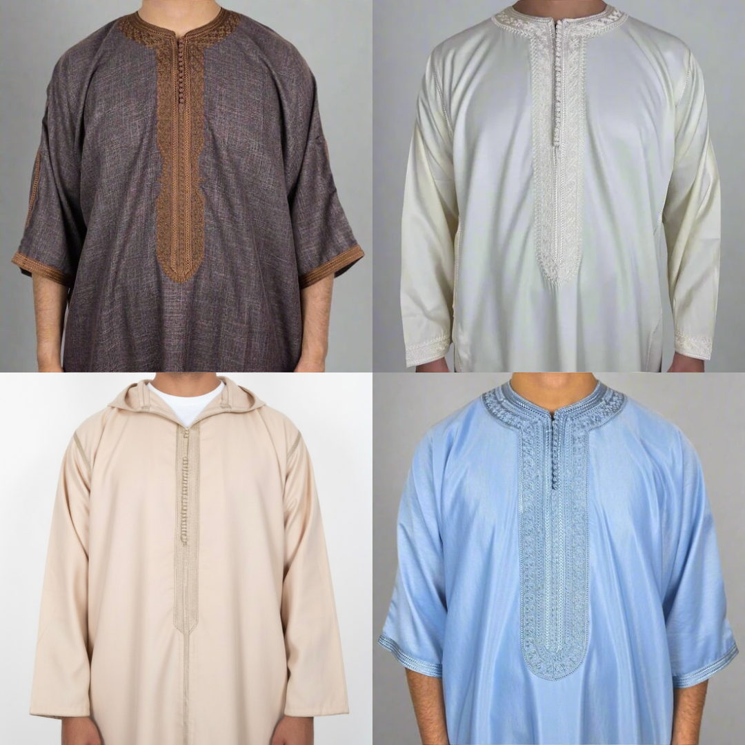 Moroccan thobes showing kaftan, gandoura and hooded djellaba styles worn in the UK