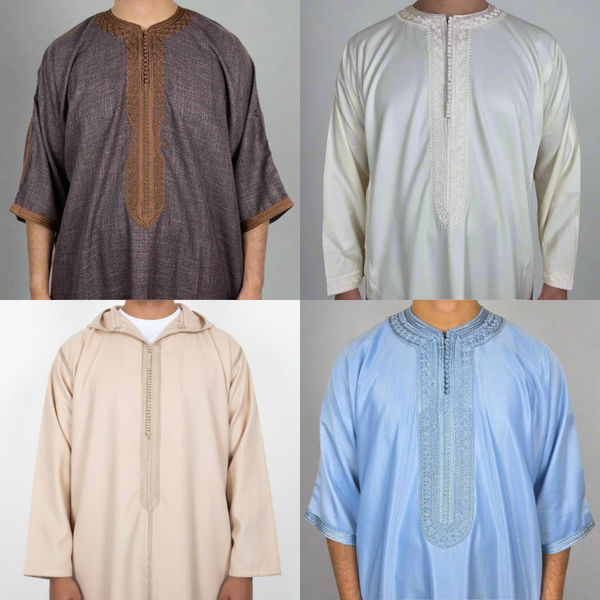 Moroccan thobes showing kaftan, gandoura and hooded djellaba styles worn in the UK