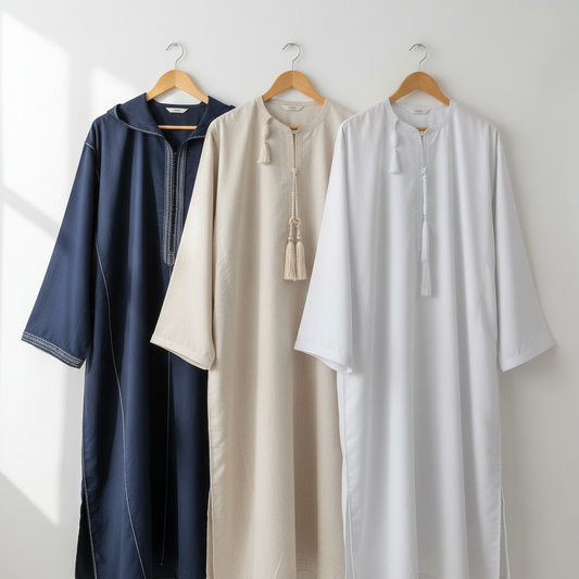 Three thobes hanging on wall showing Moroccan djellaba, Omani thobe and Emirati kandura styles