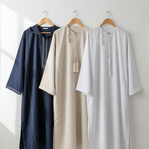 Three thobes hanging on wall showing Moroccan djellaba, Omani thobe and Emirati kandura styles