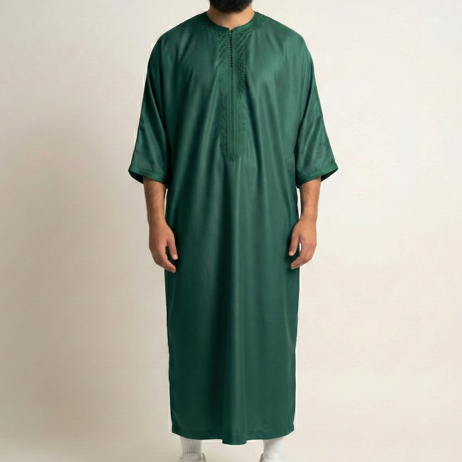 Emerald green premium Moroccan Gandoura with zip and traditional embroidered neckline for UK Muslim men