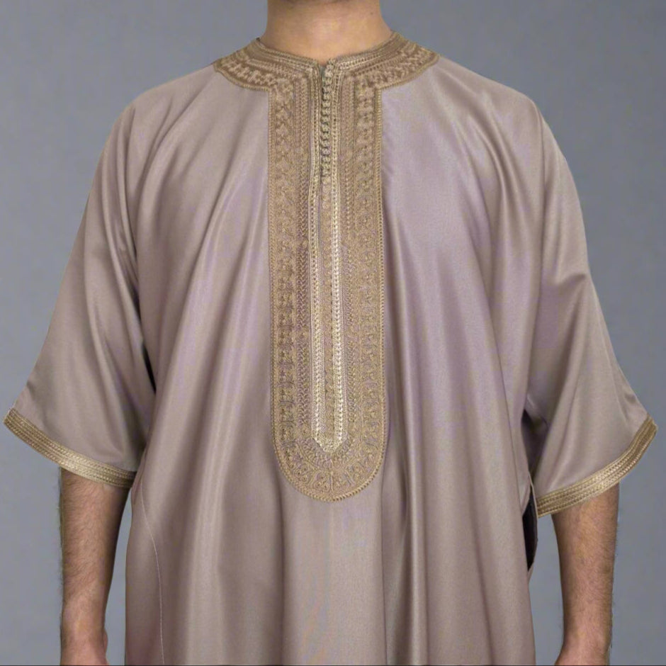 Caramel brown Moroccan Gandoura with gold embroidered neckline and decorative sleeve trim for UK Muslim men