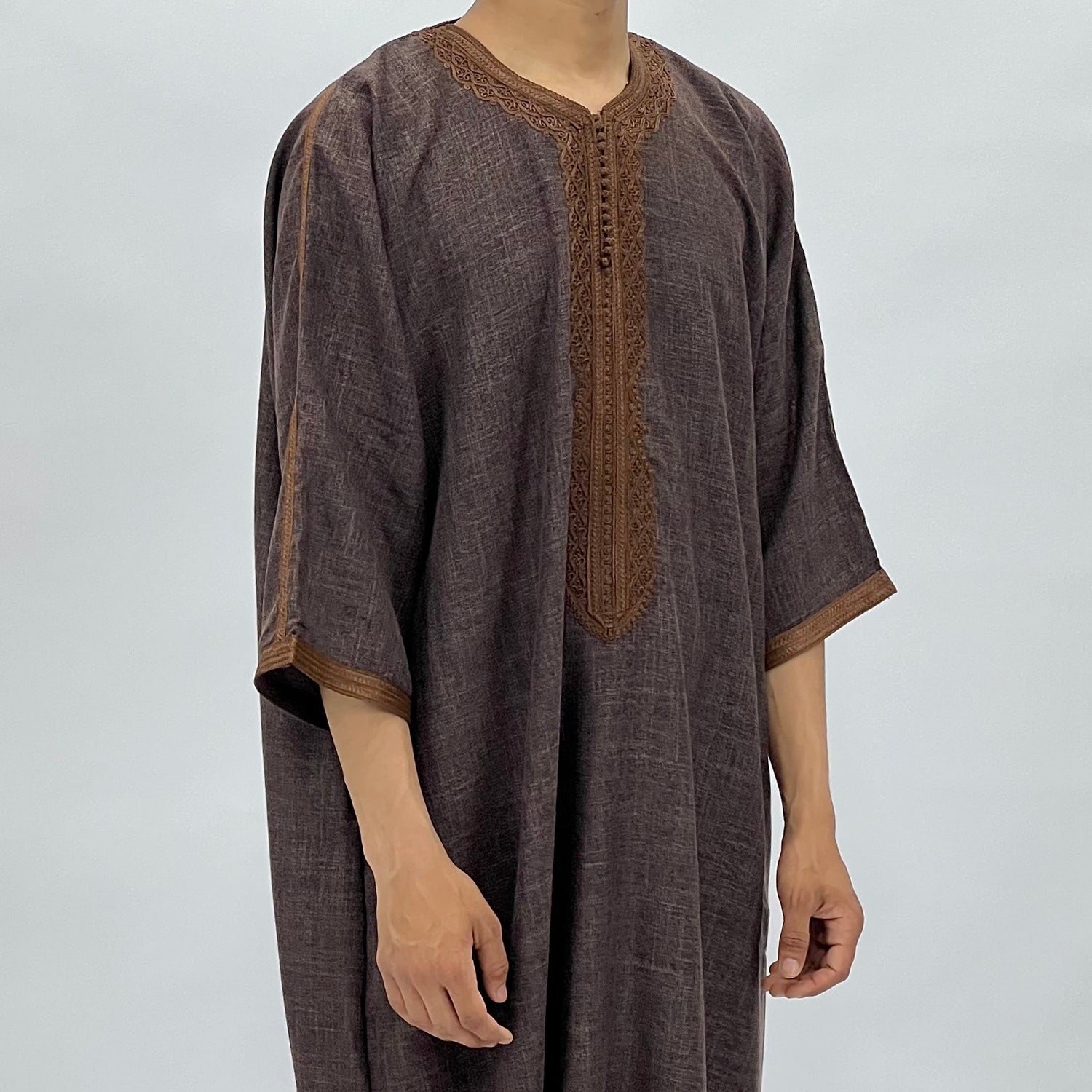 Brown cotton Moroccan Gandoura with zip and traditional embroidered neckline trim for UK Muslim men