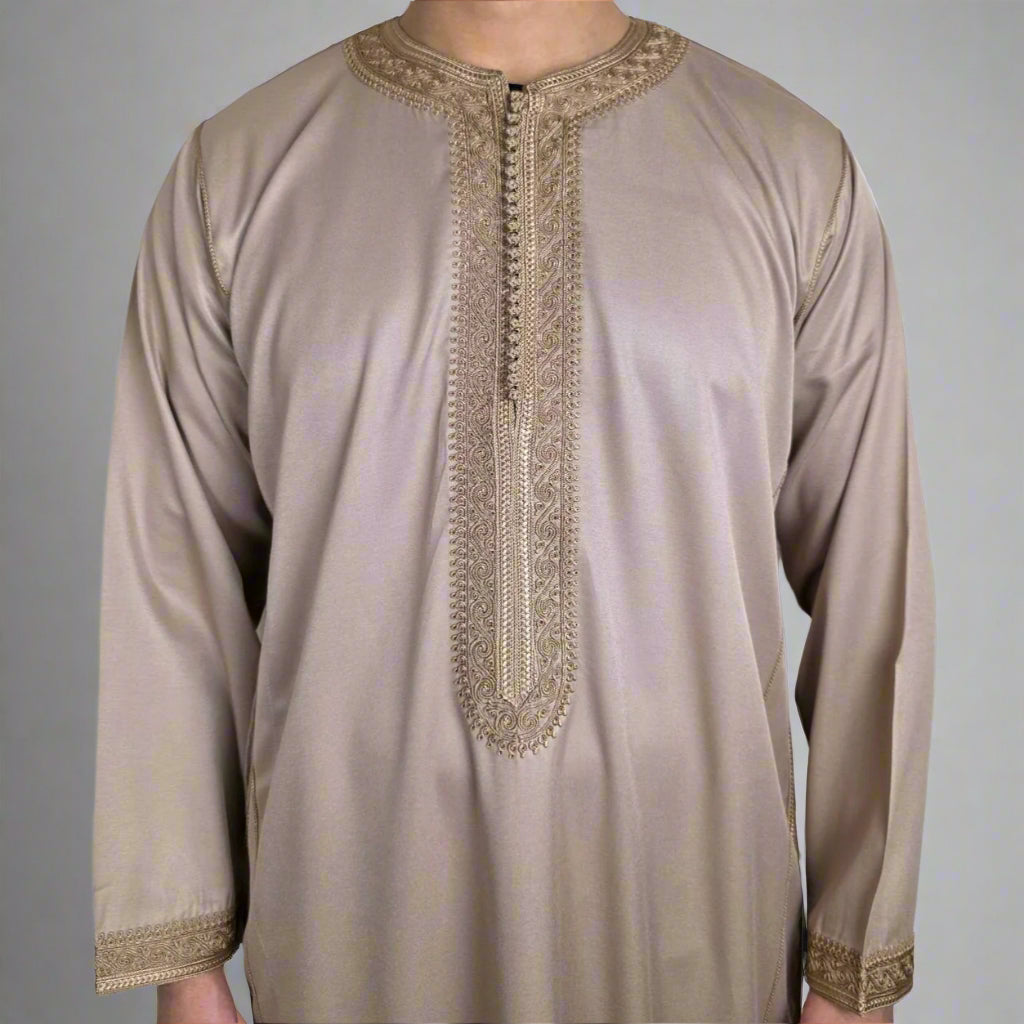 Walnut brown premium Moroccan kaftan with gold embroidered neckline and long sleeves for UK Muslim men