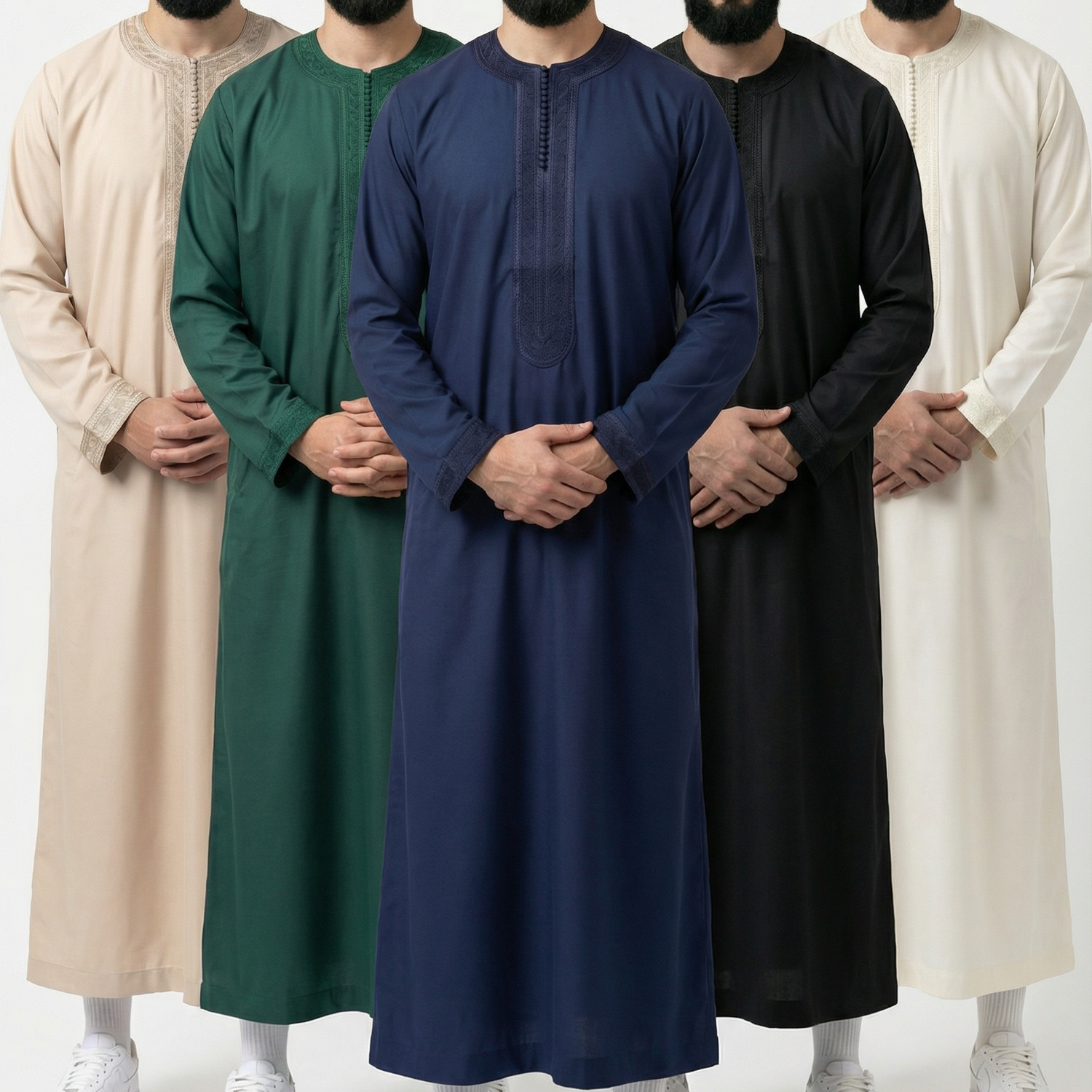 Ramadan thobe collection featuring men's Moroccan kaftans in off-white, black, beige, and green