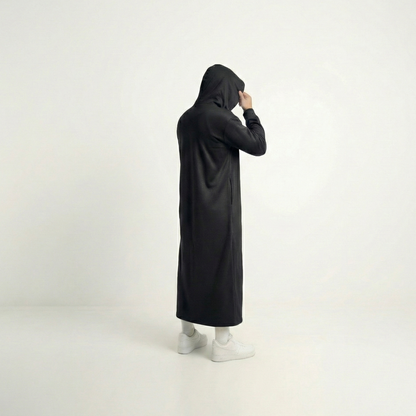 Hooded thobe with curved hood and ribbed cuffs
