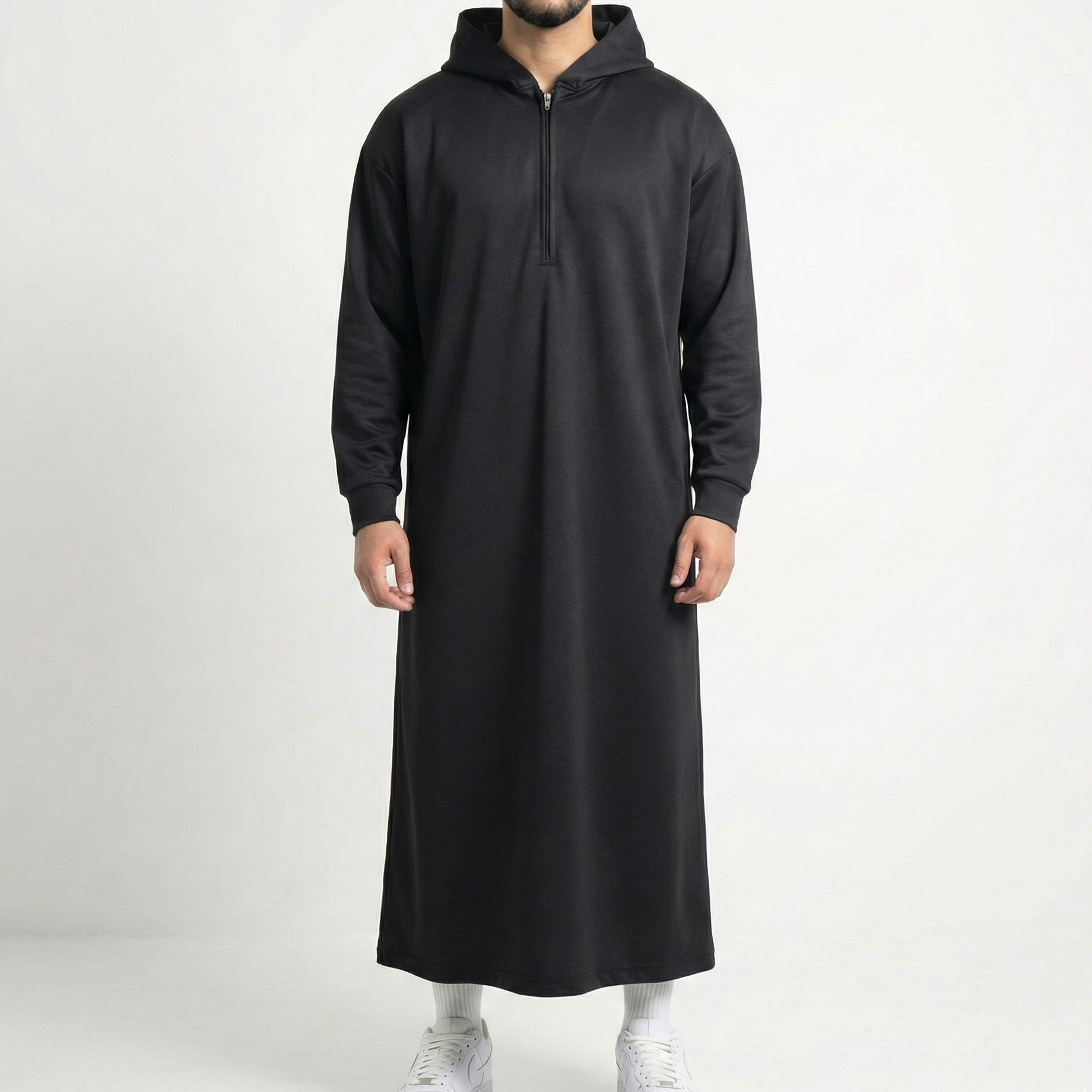 Premium black hooded thobe with bonded double-layer construction - Thawāb Clothing UK