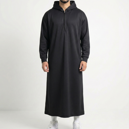 Premium black hooded thobe with bonded double-layer construction - Thawāb Clothing UK