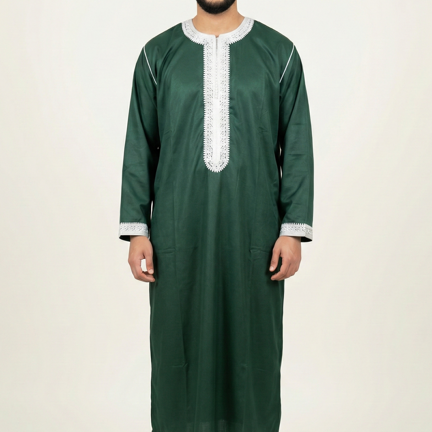 Emerald Green Premium Mens Moroccan Kaftan with White Embroidery