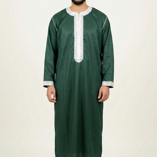 Emerald Green Premium Mens Moroccan Kaftan with White Embroidery