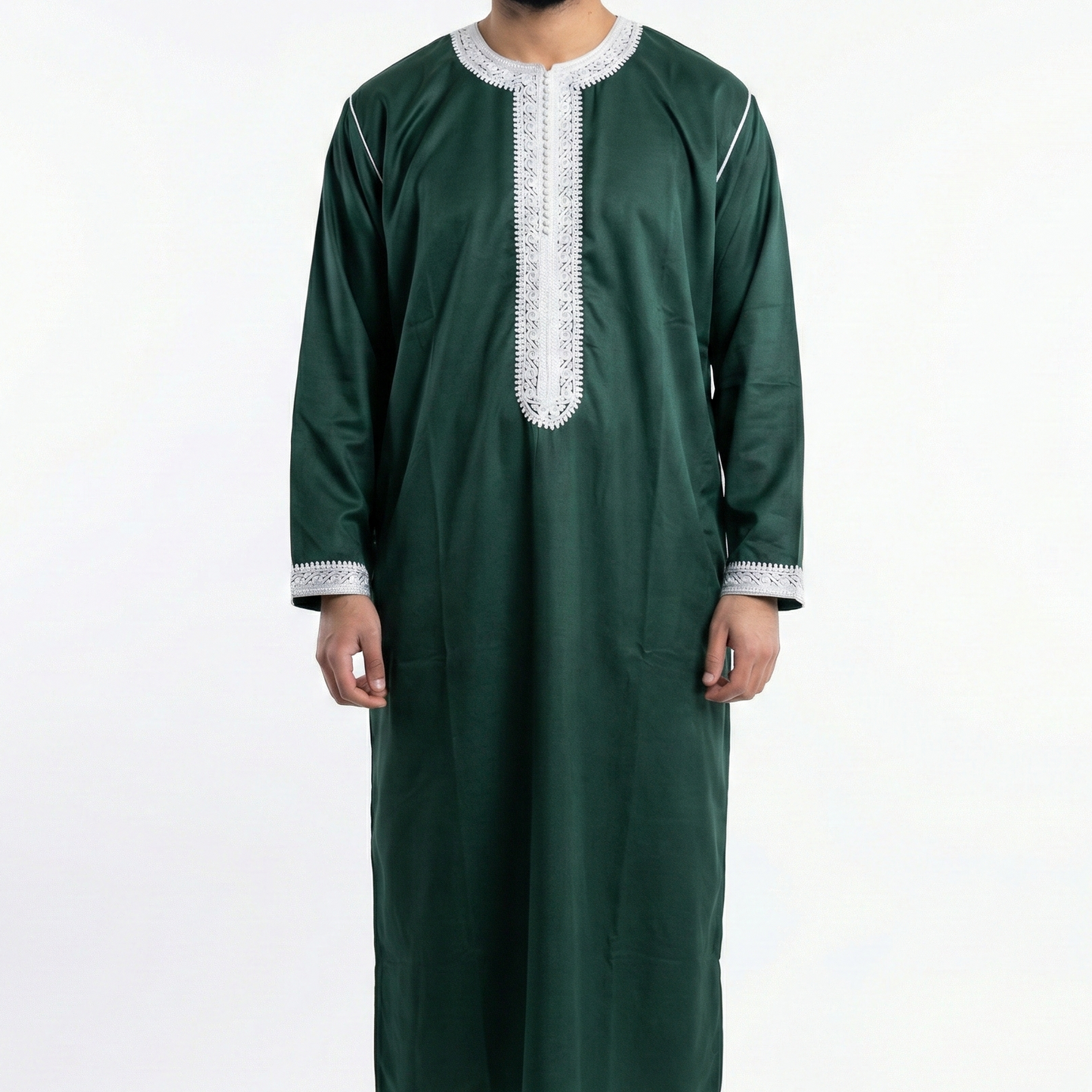 man wearing green emerald green men's kaftan long sleeve moroccan thobe