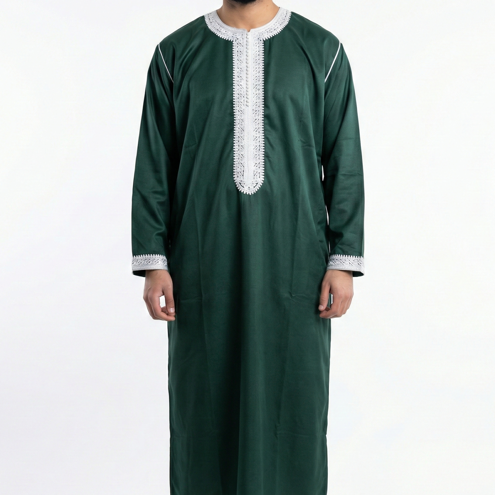 man wearing green emerald green men's kaftan long sleeve moroccan thobe