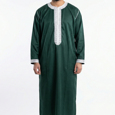 man wearing green emerald green men's kaftan long sleeve moroccan thobe