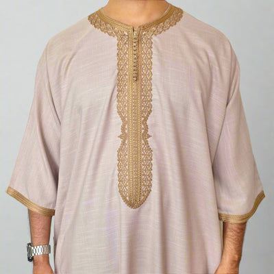 Premium Cotton Moroccan Gandoura. Beige fabric with brown embroidery and zip up chest.