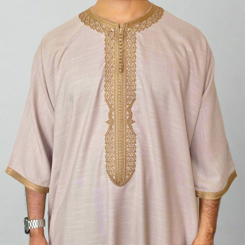 Premium Cotton Moroccan Gandoura. Beige fabric with brown embroidery and zip up chest.