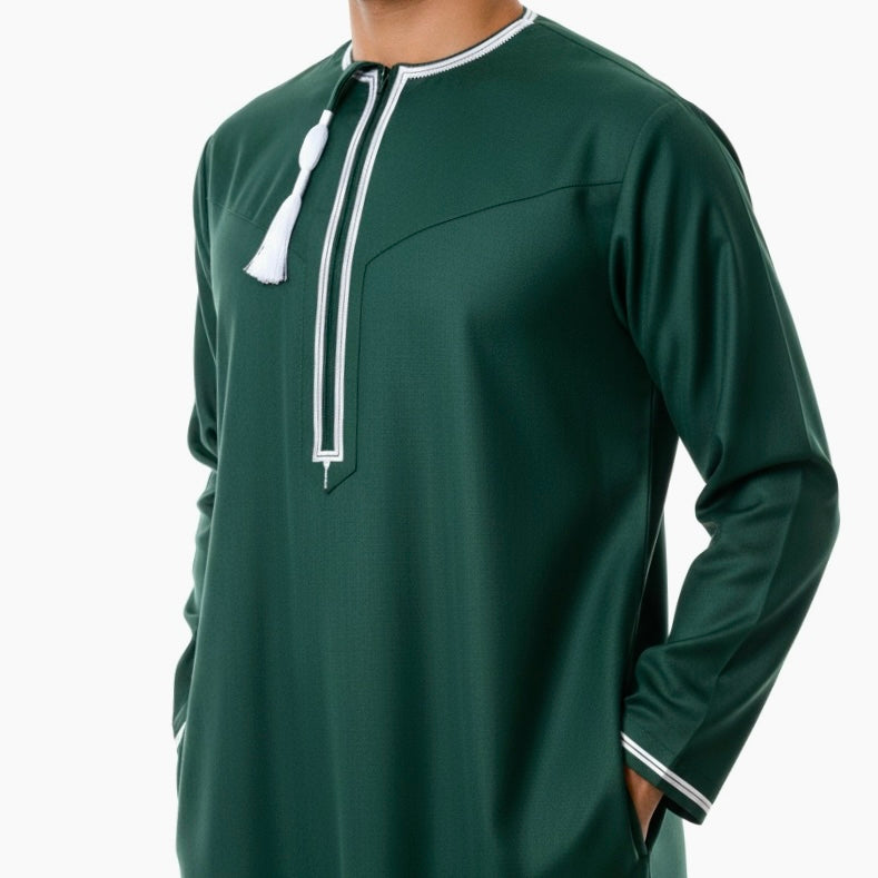 Green Omani Thobe with White Embroidery and detachable tassel and zip
