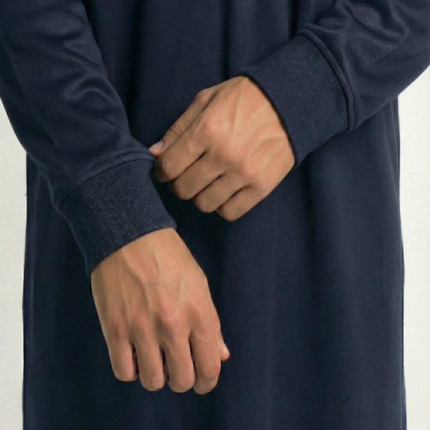 Navy blue hooded thobe ribbed cuffs