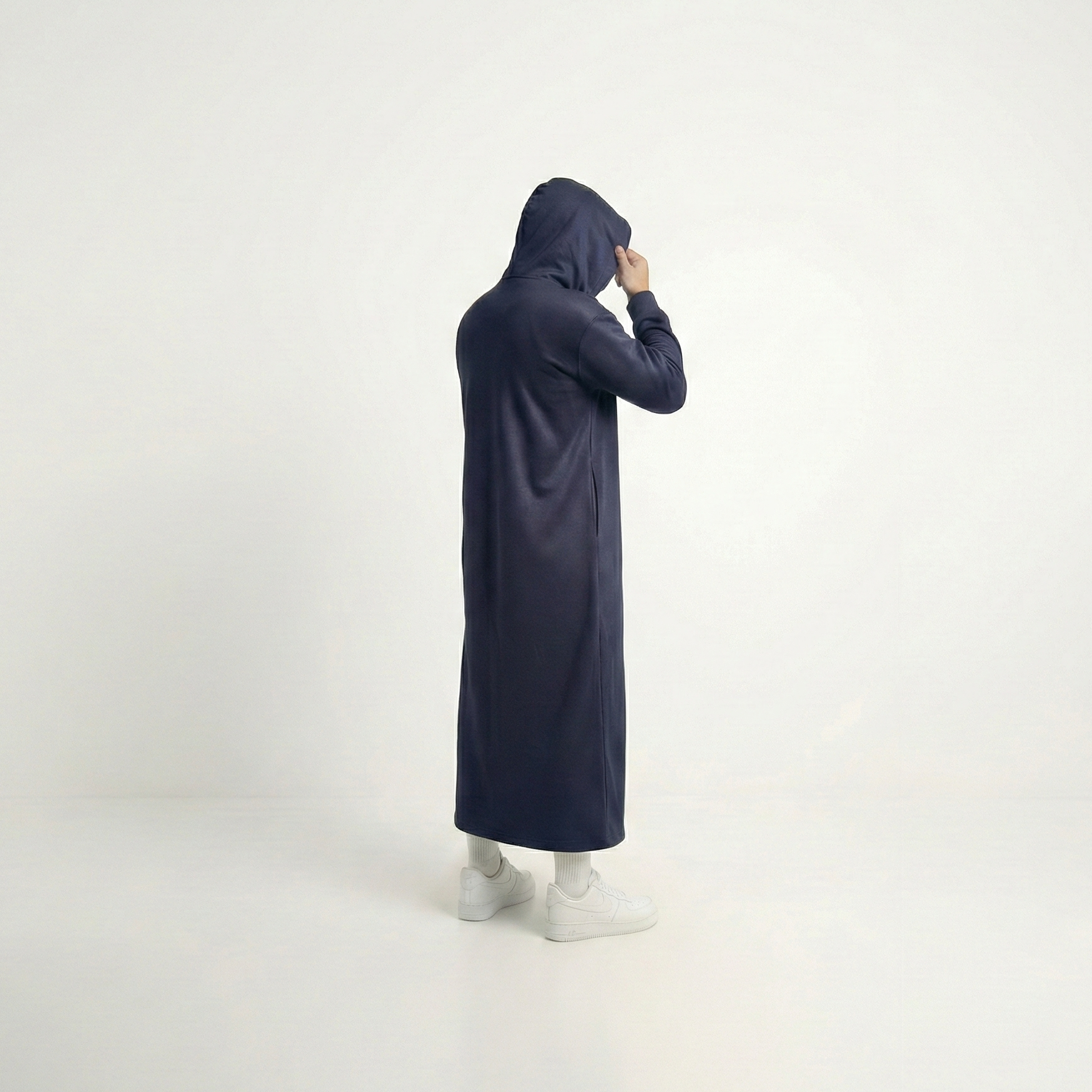 Navy blue hooded thobe with curved hood