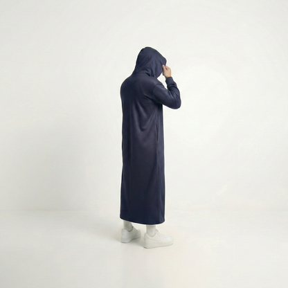 Navy blue hooded thobe with curved hood
