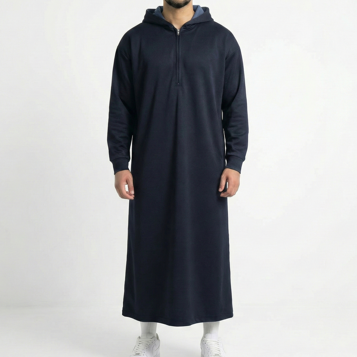 Premium navy blue hooded thobe with bonded double-layer construction - Thawāb Clothing UK