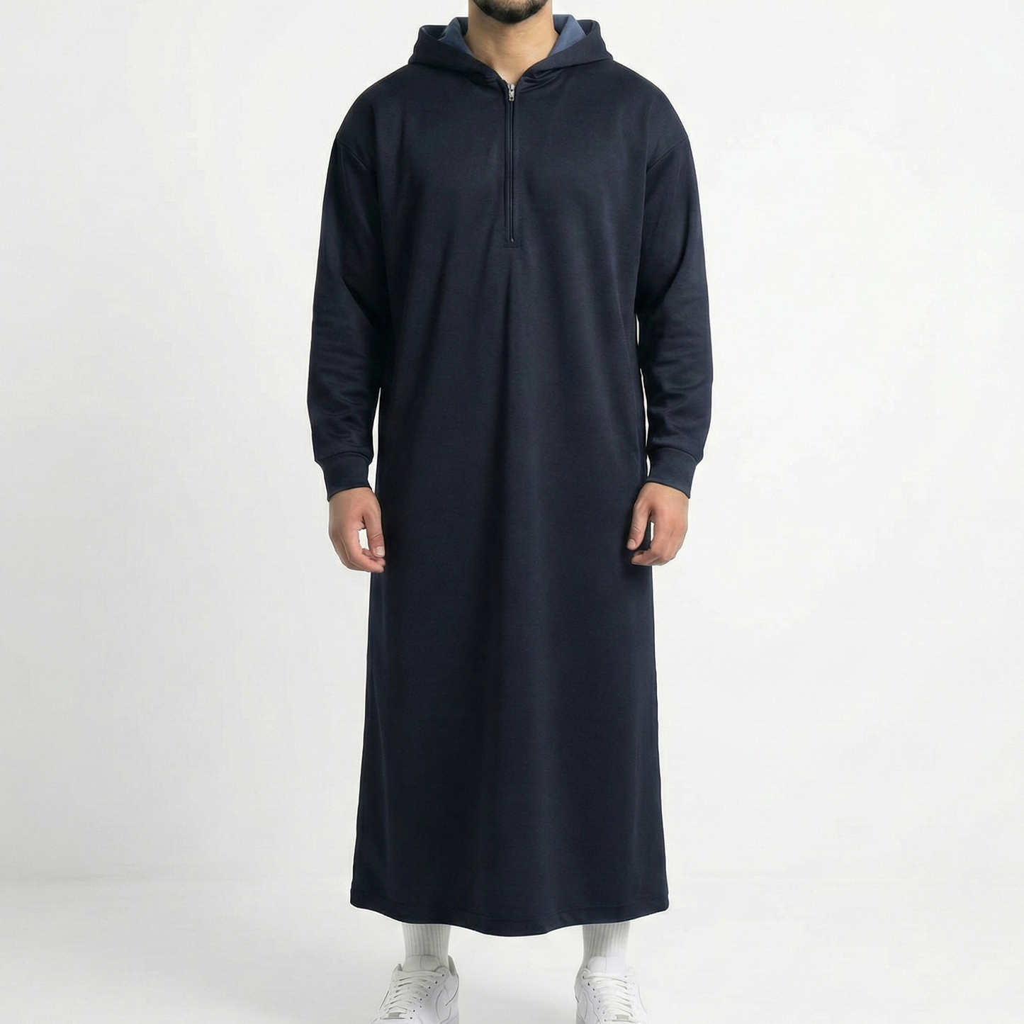 Premium navy blue hooded thobe with bonded double-layer construction - Thawāb Clothing UK