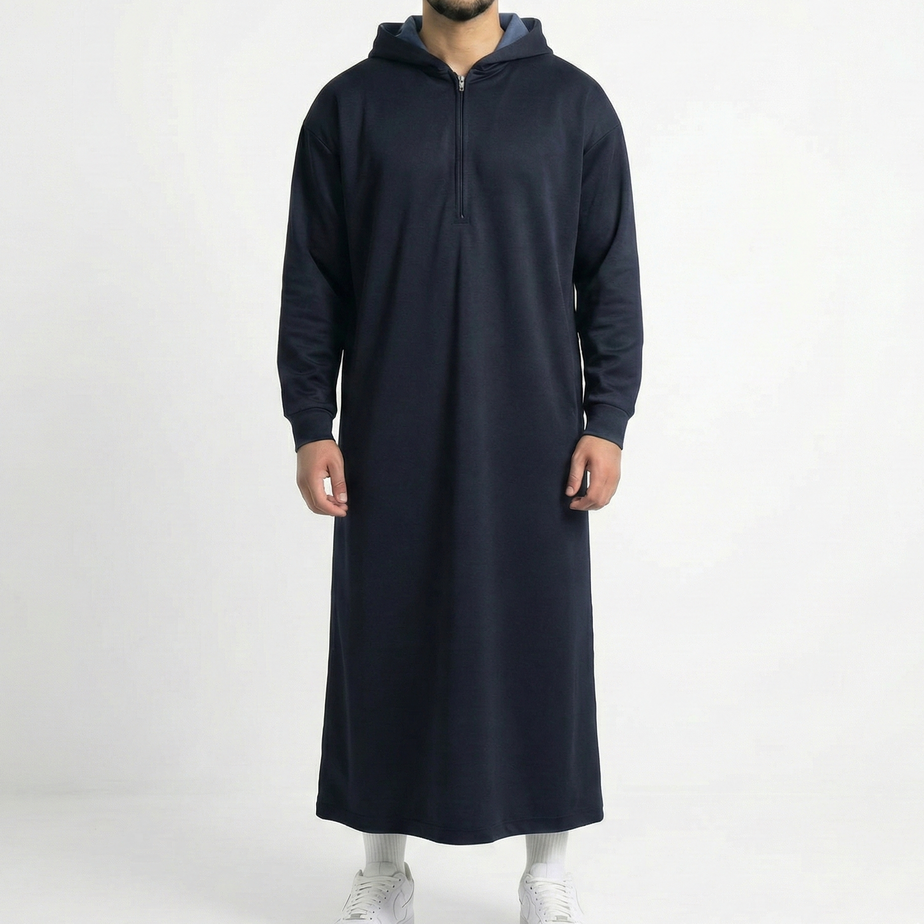 Premium navy blue hooded thobe with bonded double-layer construction - Thawāb Clothing UK