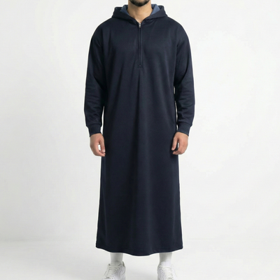 Premium navy blue hooded thobe with bonded double-layer construction - Thawāb Clothing UK