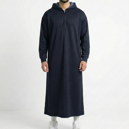 Premium navy blue hooded thobe with bonded double-layer construction - Thawāb Clothing UK