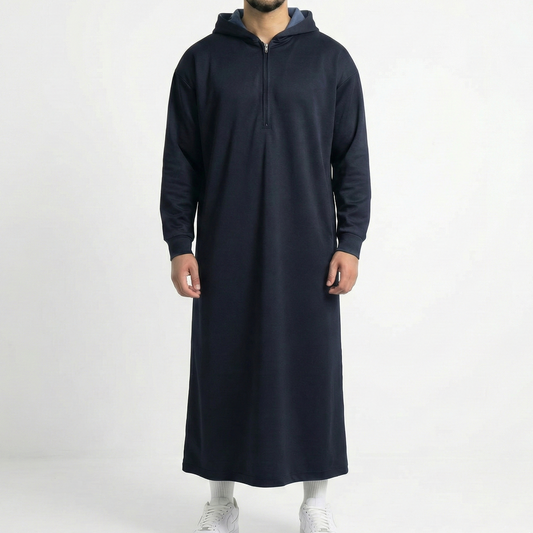 Premium navy blue hooded thobe with bonded double-layer construction - Thawāb Clothing UK