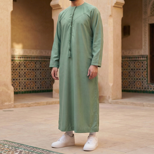 pistachio green Emirati thobe with detachable tassel