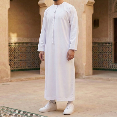white Emirati thobe with detachable tassel