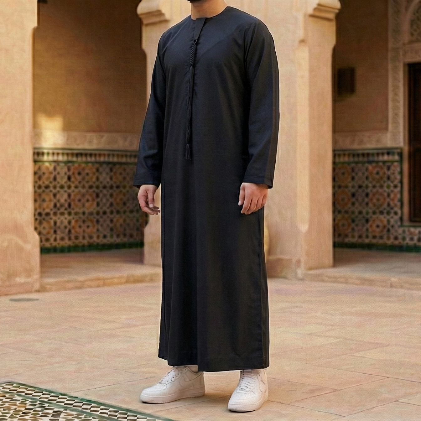 black Emirati thobe with detachable tassel