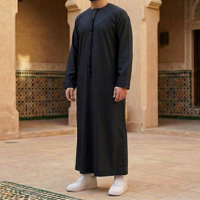 black Emirati thobe with detachable tassel