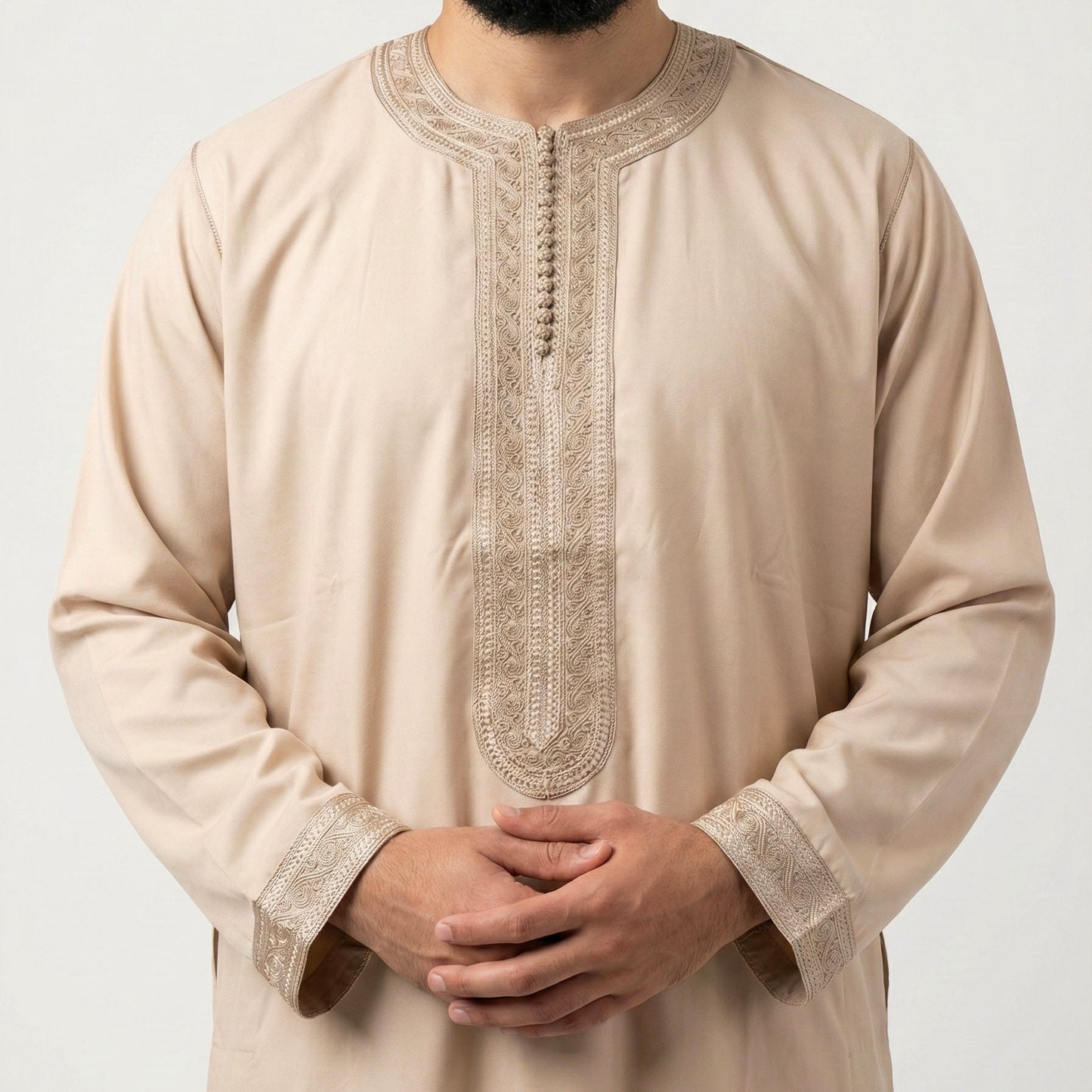 Beige Men's Moroccan Kaftan | Long Sleeve Moroccan Thobe