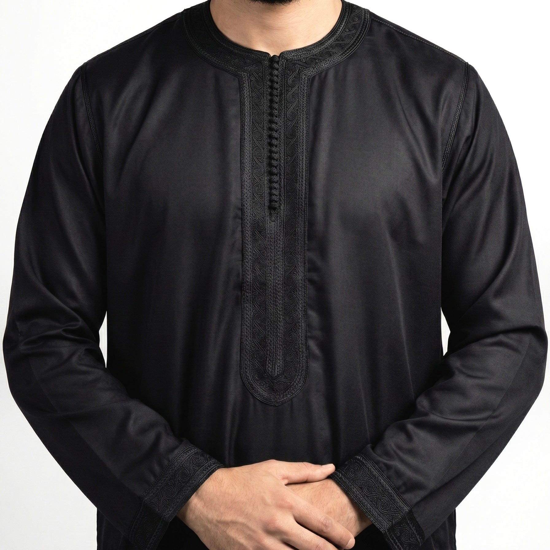 black men's Moroccan kaftan with long sleeves and black embroidery on chest and wrists