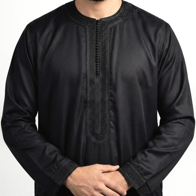 black men's Moroccan kaftan with long sleeves and black embroidery on chest and wrists