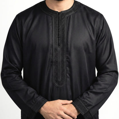 black men's Moroccan kaftan with long sleeves and black embroidery on chest and wrists