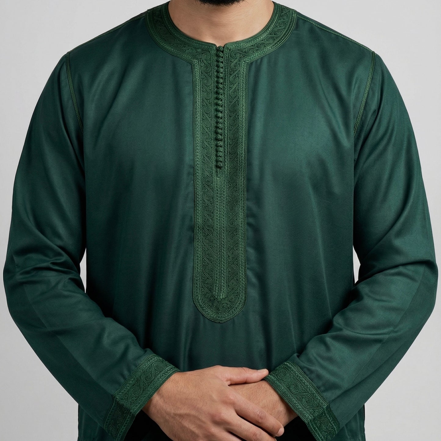 forest green men's Moroccan kaftan with long sleeves and navy blue embroidery on chest and wrists