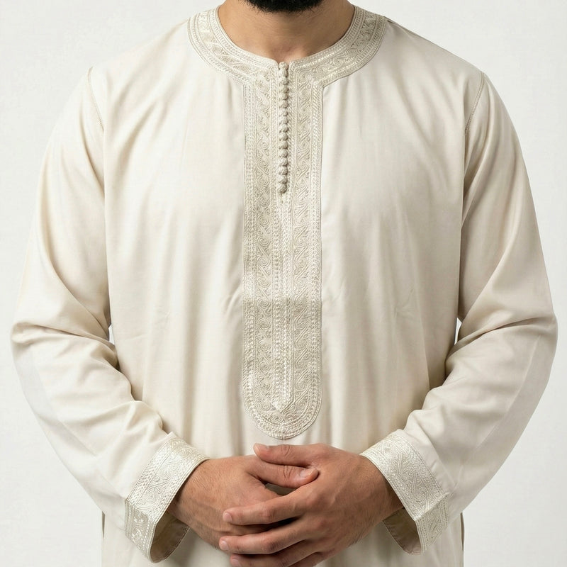 Off-White men's Moroccan kaftan with long sleeves and navy blue embroidery on chest and wrists
