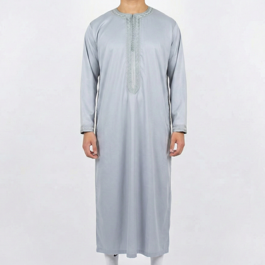 light grey men's Moroccan kaftan | long sleeve Moroccan thobe