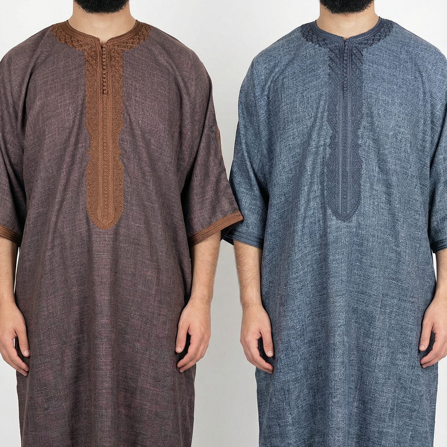 Medjoul brown cotton zipped Moroccan Gandoura thobe next to pebble blue cotton zipped Moroccan gandoura thobe