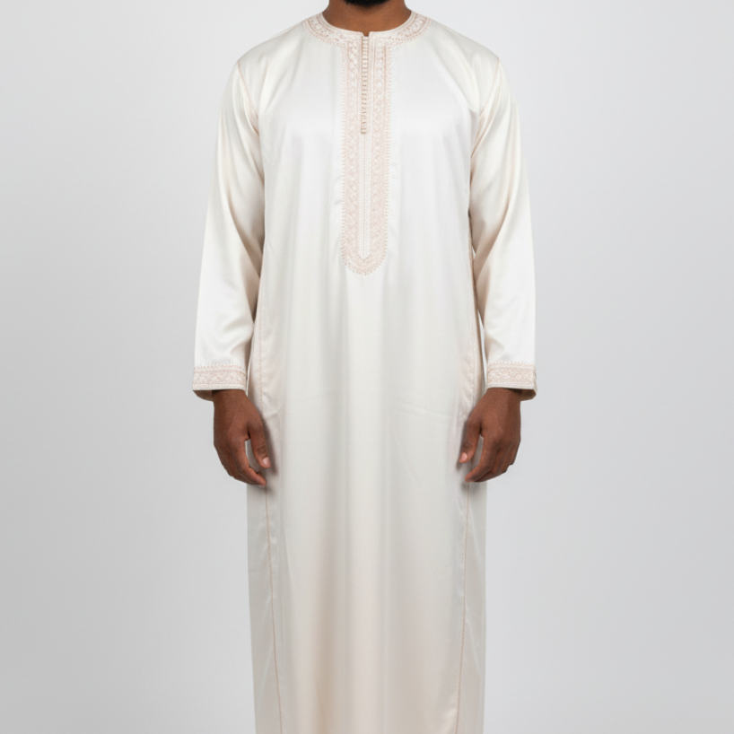 beige long sleeve mens moroccan kaftan - long sleeve zipped moroccan thobe