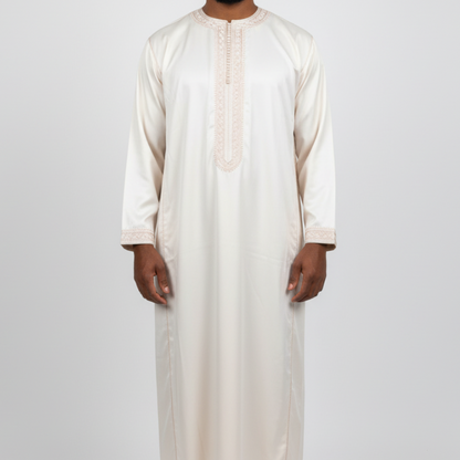 beige long sleeve mens moroccan kaftan - long sleeve zipped moroccan thobe